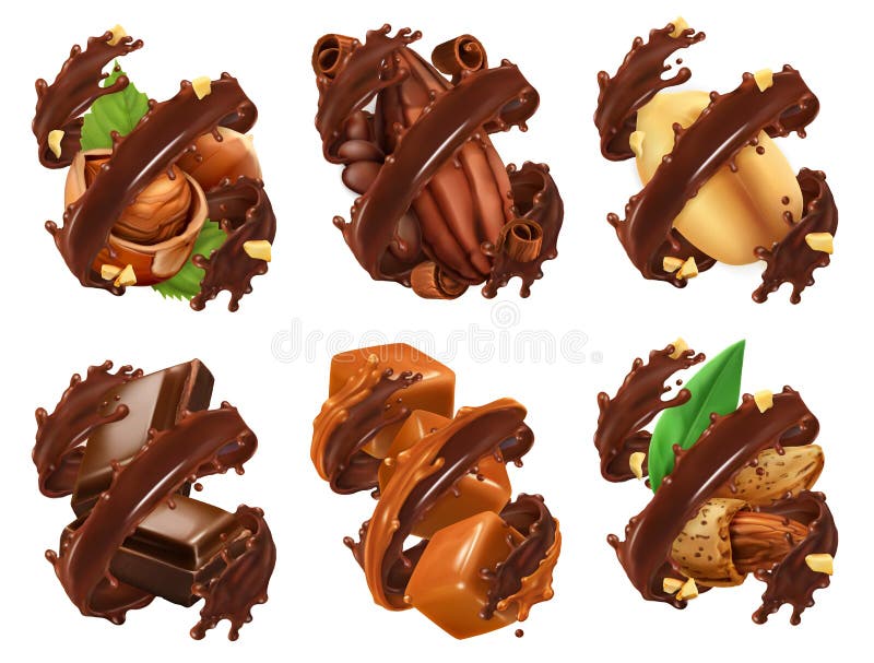 Chocoladereep, noten, karamel, cacaoboon in chocoladespatten. 3D-vector vector illustratie