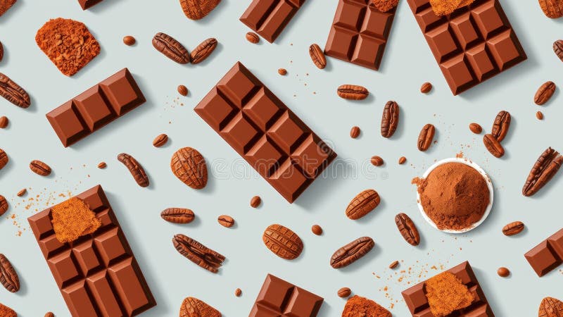 Chocoladerepen, pecannoten en cacaopoeder royalty-vrije illustratie