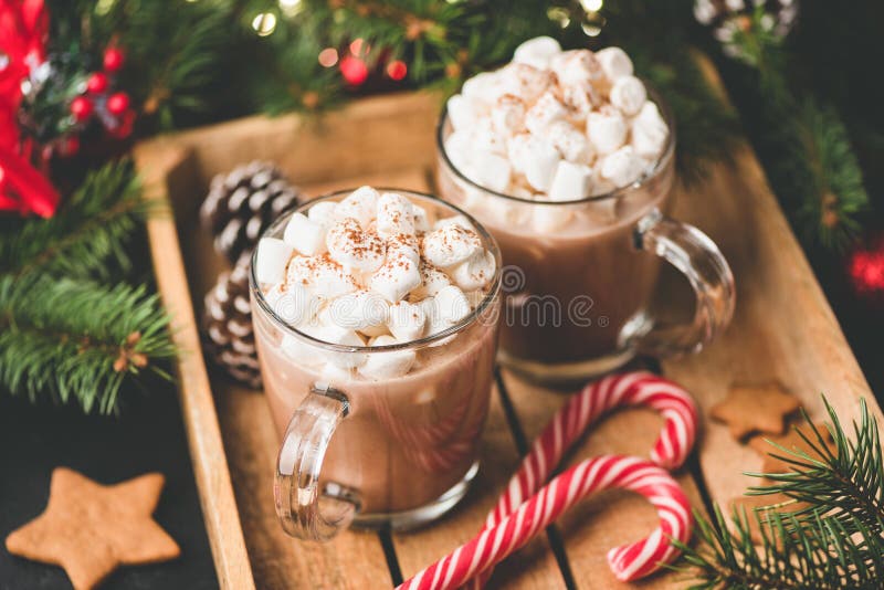 Chocolat chaud avec des guimauves, boisson confortable chaude de Noël photo stock