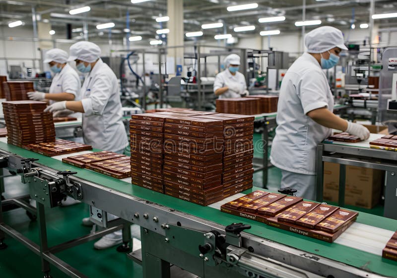 Chocolat Factory Production : Ouvriers Emballage de délicieuses barres de chocolat noir dans une installation moderne illustration libre de droits