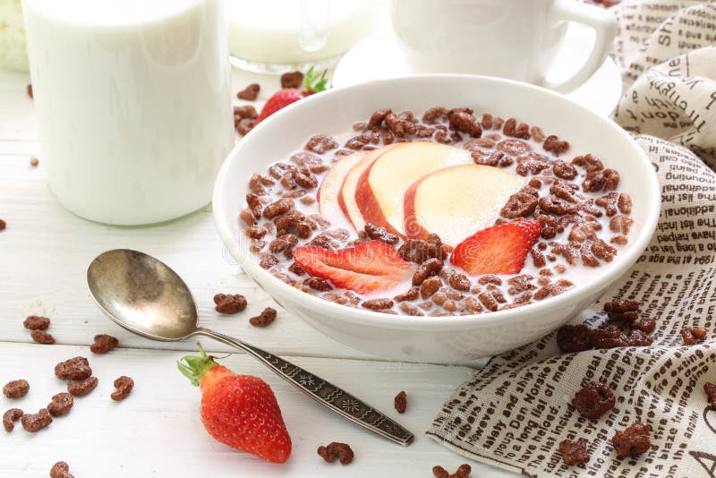 Cereal. Chocolate Balls with Milk and Fruit Stock Image Image of