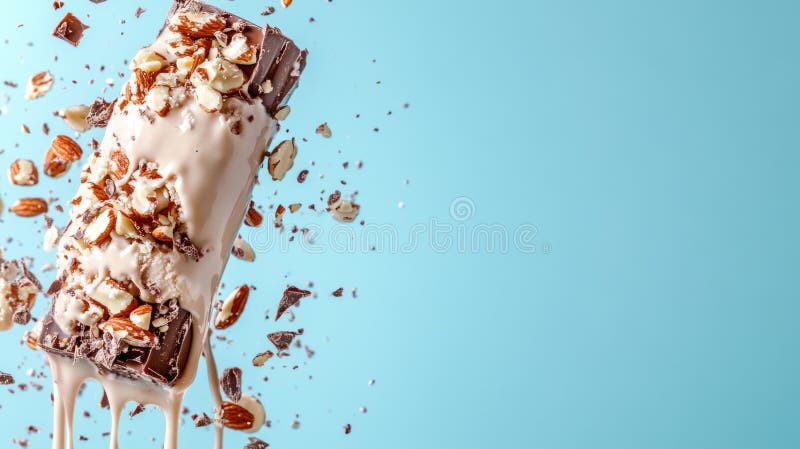 Chocolate bar with nuts and melting cream against blue background stock photo