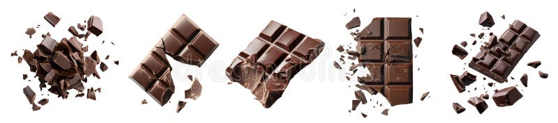 Chocolate bar piece block, broken pieces, pile stack flying explosion explode burst, cocoa sweet candy dessert on transparent PNG stock illustration