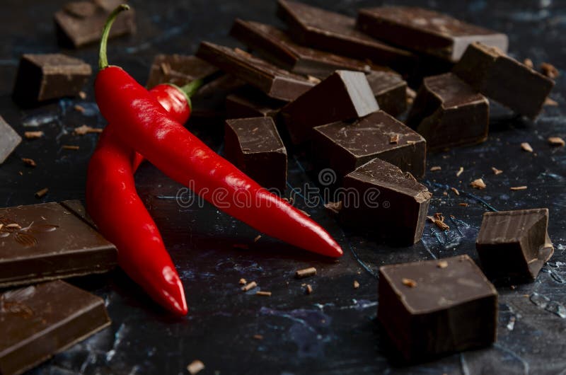 Chocolate Bar with Red Chilli Pepper on Dark Background Stock Image Image of black, foil