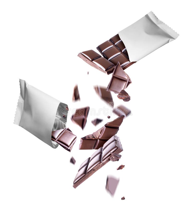 Chocolate Bar in a Wrapper Broken into Two Halves in the Air Stock