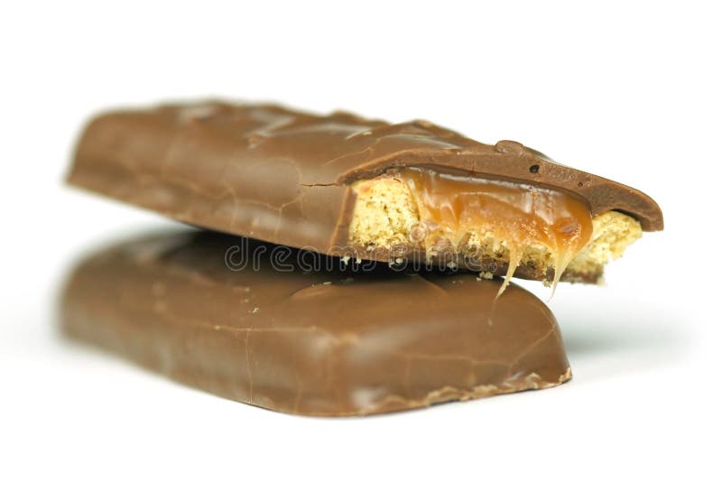 Two chocolate and caramel bars on white. Two chocolate and caramel bars on white