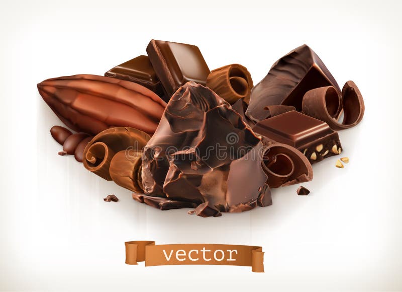 Chocolate bars and pieces, shavings and cocoa fruit. Vector illustration royalty free illustration Chocolate bars and pieces, shavings and cocoa fruit. Vector illustration royalty free illustration