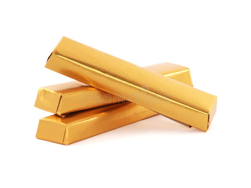 Chocolate Bars Wrapped in Golden Aluminum Foil Isolated on White Stock ...