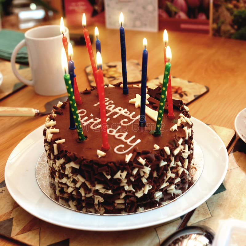 Chocolate Birthday Cake with Candles Stock Photo Image of flame