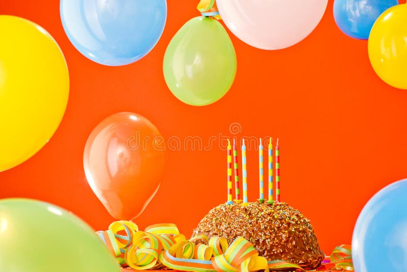 Chocolate birthday cake. With candles and ballons royalty free stock images Chocolate birthday cake. With candles and ballons royalty free stock images