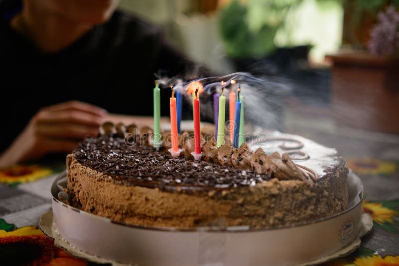 Chocolate Birthday Cake with Candles, Lighting Candles on the Cake