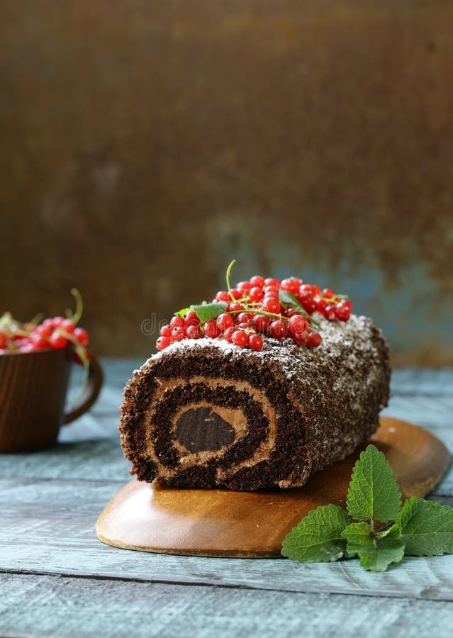 Chocolate Biscuit Roll With Berries Stock Photo Image of bake, fruit