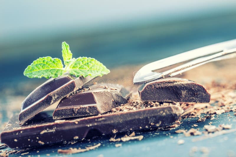 Chocolate. Black chocolate. A few cubes of black chocolate with mint leaves.