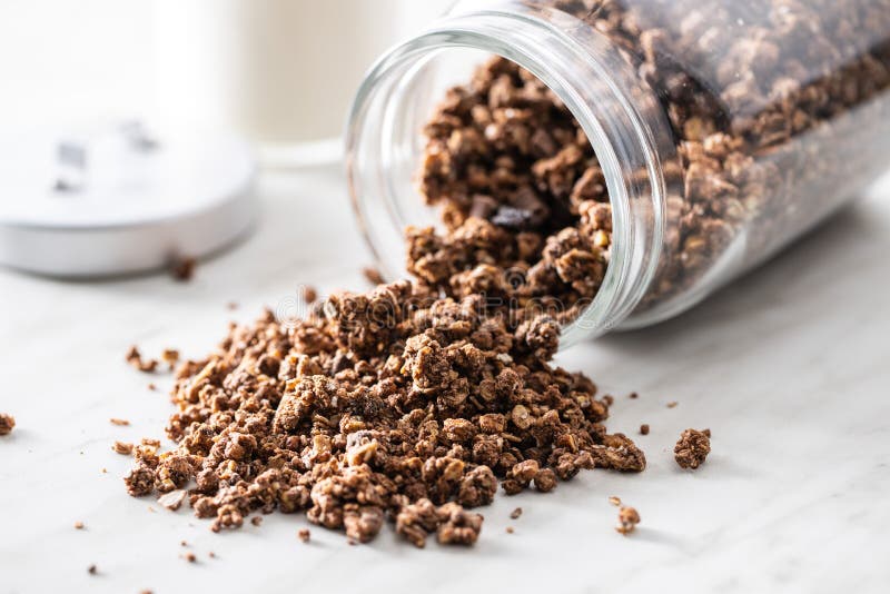 Chocolate Breakfast Cereal. Morning Granola on Kitchen Table Stock