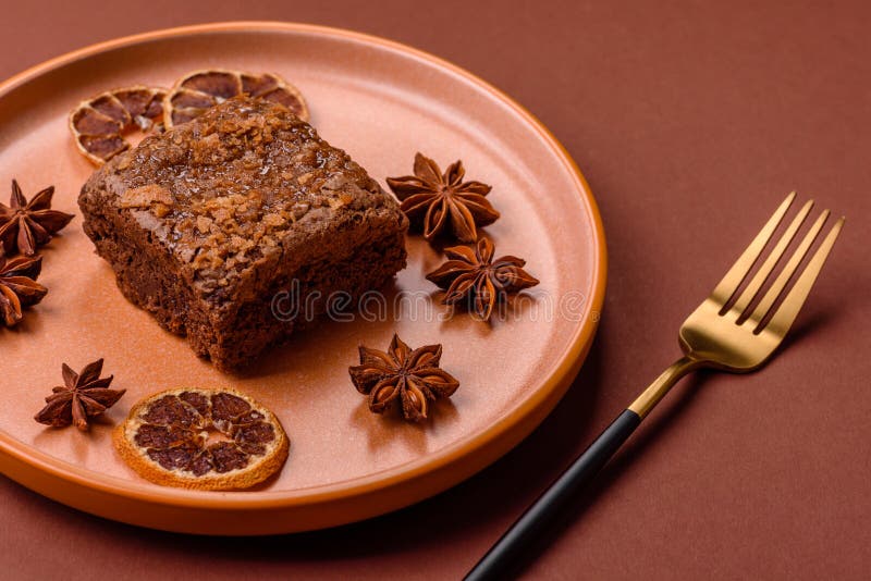 Chocolate brownie cake, food, sweet dessert with nuts rectangular shape. Sweet chocolate brownie royalty free stock image