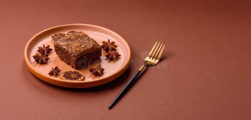 Chocolate brownie cake, food, sweet dessert with nuts rectangular shape. Sweet chocolate brownie stock photo