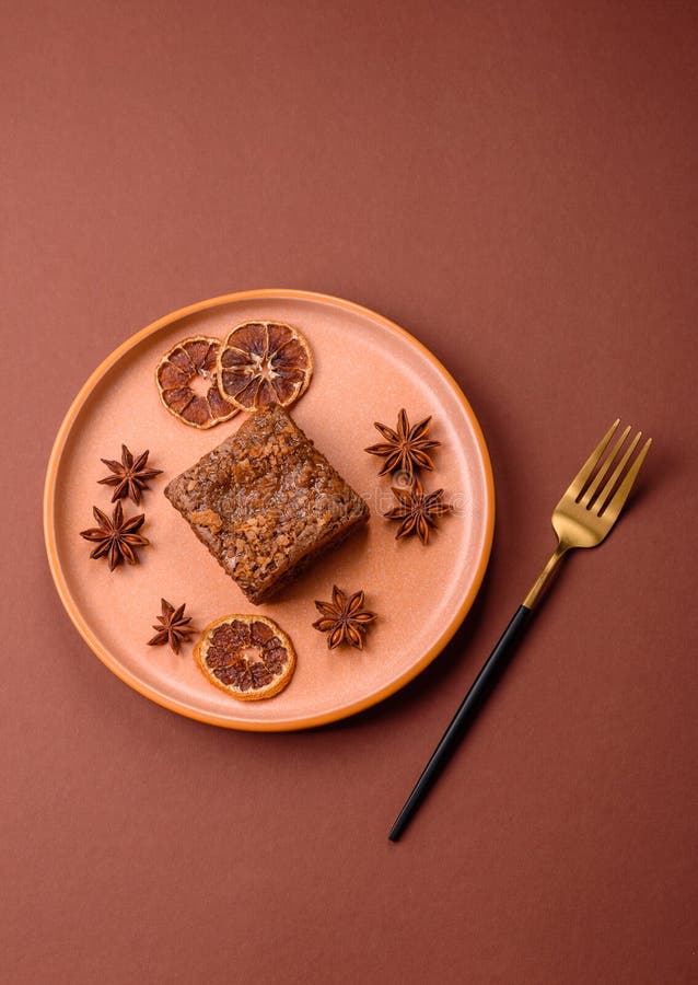 Chocolate brownie cake, food, sweet dessert with nuts rectangular shape. Sweet chocolate brownie stock photo