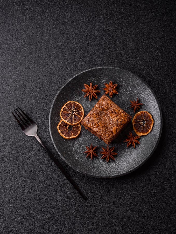 Chocolate brownie cake, food, sweet dessert with nuts rectangular shape. Sweet chocolate brownie stock images