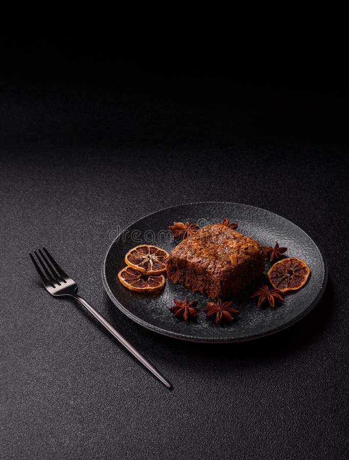 Chocolate brownie cake, food, sweet dessert with nuts rectangular shape. Sweet chocolate brownie stock image