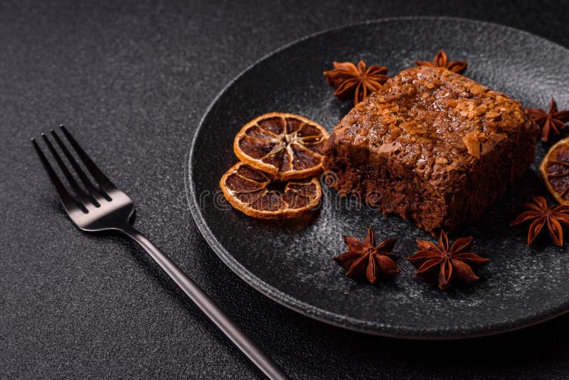 Chocolate brownie cake, food, sweet dessert with nuts rectangular shape. Sweet chocolate brownie stock photo