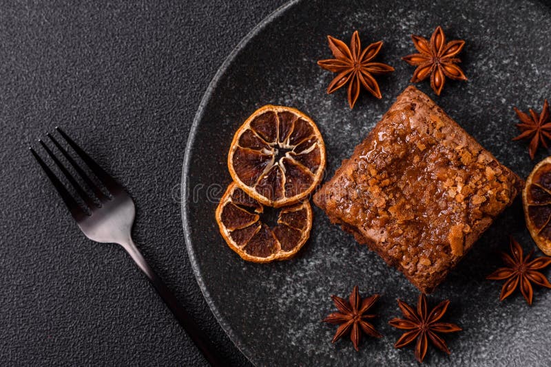 Chocolate brownie cake, food, sweet dessert with nuts rectangular shape. Sweet chocolate brownie stock images