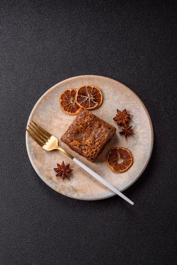 Chocolate brownie cake, food, sweet dessert with nuts rectangular shape. Sweet chocolate brownie stock photo