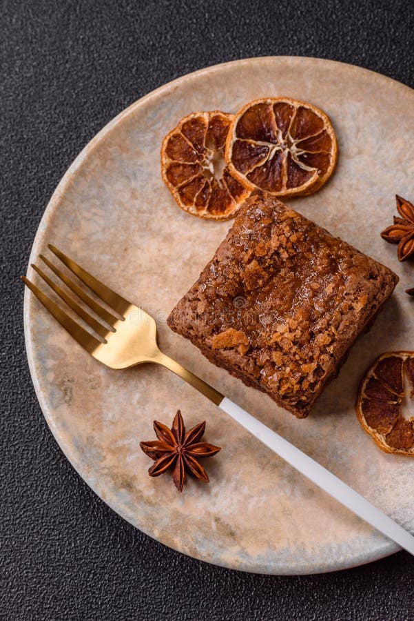 Chocolate brownie cake, food, sweet dessert with nuts rectangular shape. Sweet chocolate brownie stock image