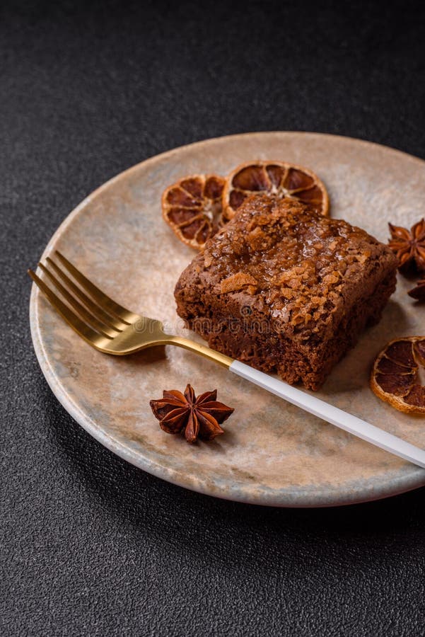 Chocolate brownie cake, food, sweet dessert with nuts rectangular shape. Sweet chocolate brownie stock image