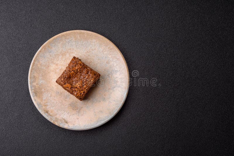 Chocolate brownie cake, food, sweet dessert with nuts rectangular shape. Sweet chocolate brownie royalty free stock photography