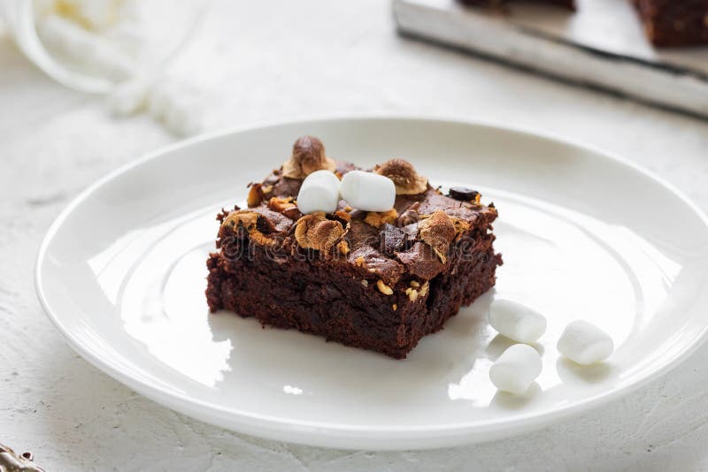 Chocolate Brownie Cake with Marshmallows and Nuts Stock Photo Image