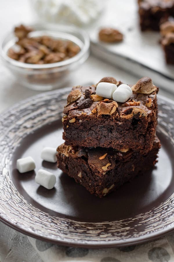 Chocolate Brownie Cake with Marshmallows and Nuts Stock Image Image