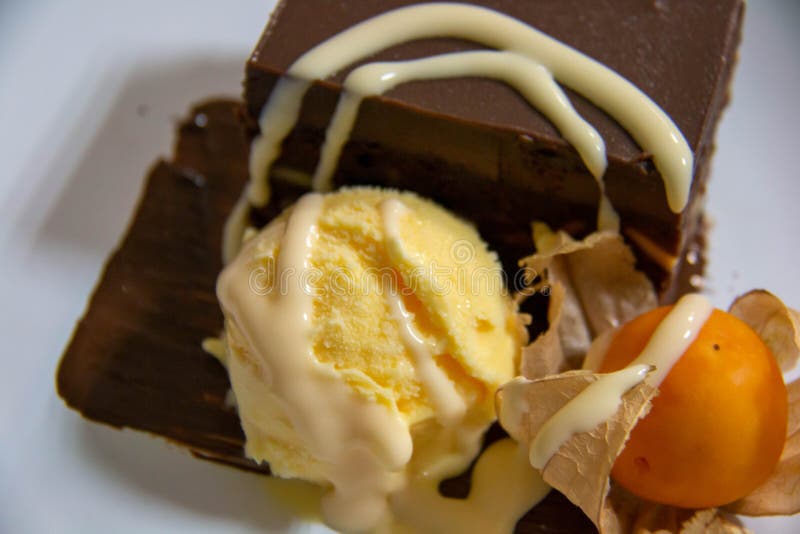 Chocolate Brownie Cake and Vanilla Ice Cream Stock Image Image of