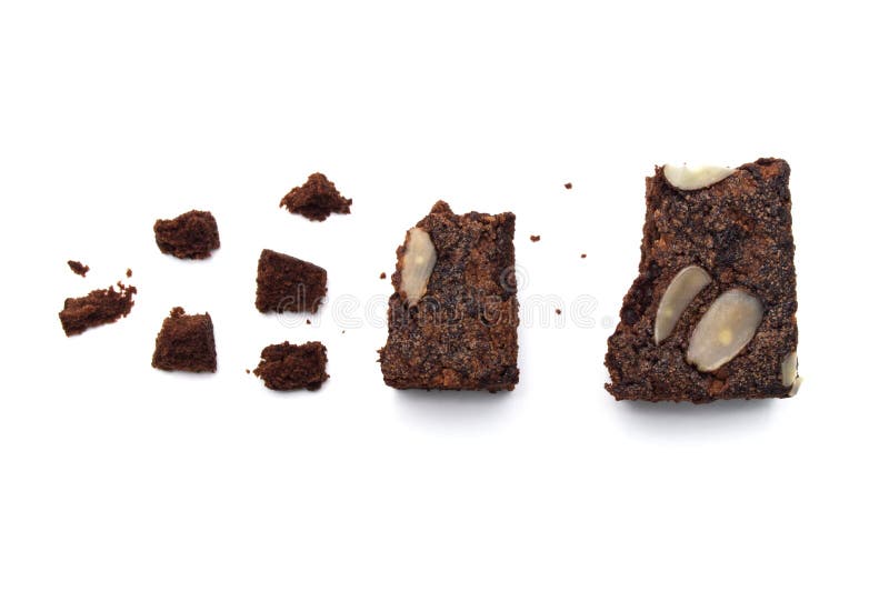 Chocolate brownie with sliced almond nuts toppings crumbs isolated on white background