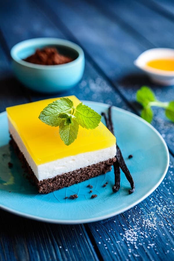 Chocolate Cake Bars Mascarpone Layer Orange Jelly Topping Stock Photos