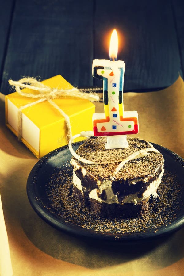 Chocolate Cake with a Candle and Gifts.Happy Birthday, Card. Holidays ...