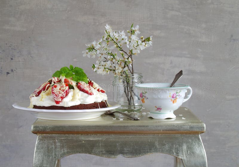 Chocolate Cake with Cream and Strawberries Stock Image Image of