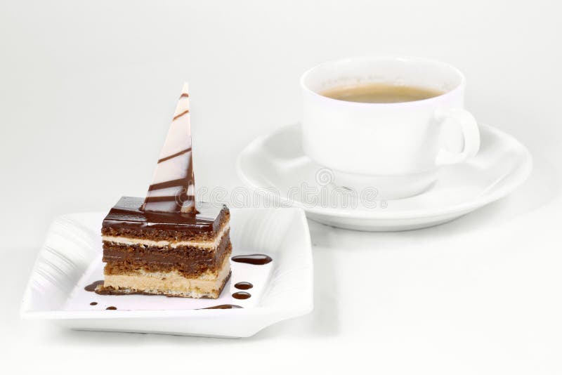 Cup Coffee and Cake with Chocolate Sauce Topping Stock Image Image of