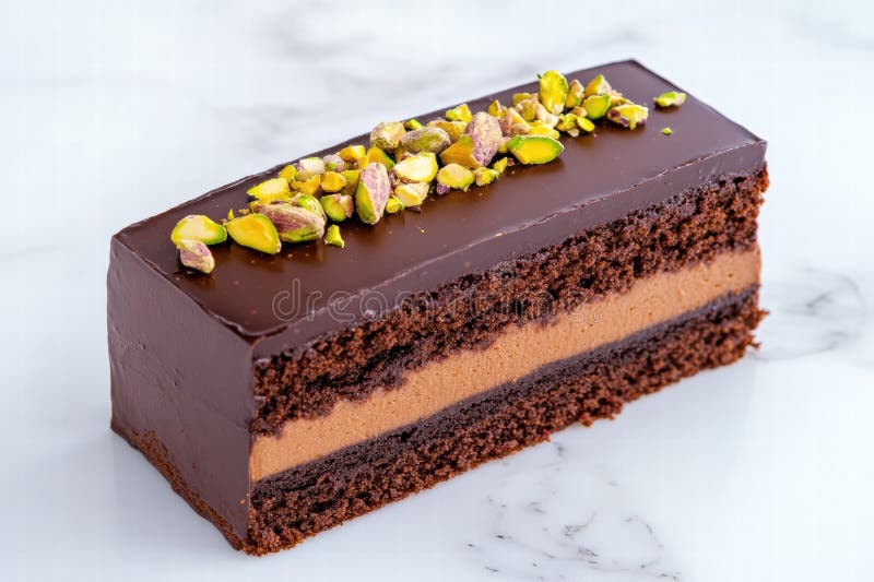 Delicious chocolate cake with layers of chocolate cream and topped with crushed pistachios on a marble surface royalty free stock photos