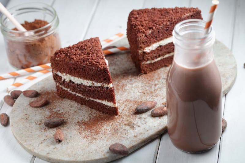 Chocolate Cake, Hot Chocolate, Powdered Cocoa and Cocoa Beans Stock