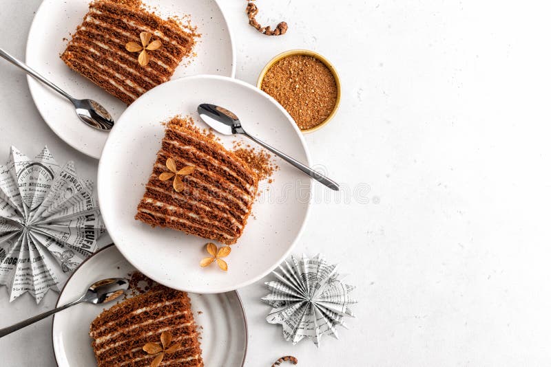 Chocolate cake with multiple layers and custard cream. Top view. stock image