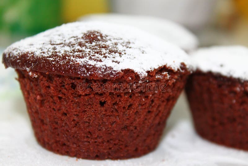 Chocolate cake with powdered sugar cupcake dessert stock photo Chocolate cake with powdered sugar cupcake dessert stock photo