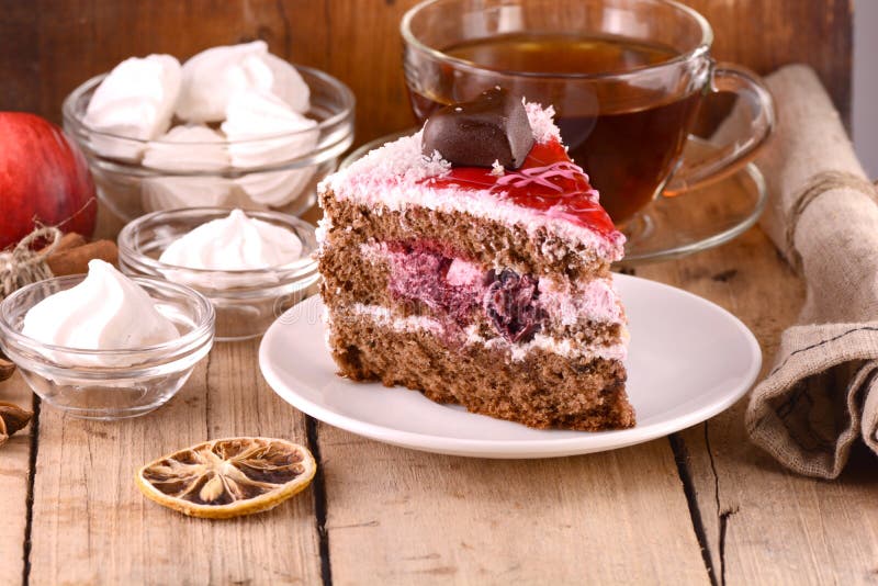 Chocolate Cake with Tea Cup and Meringues Stock Image Image of