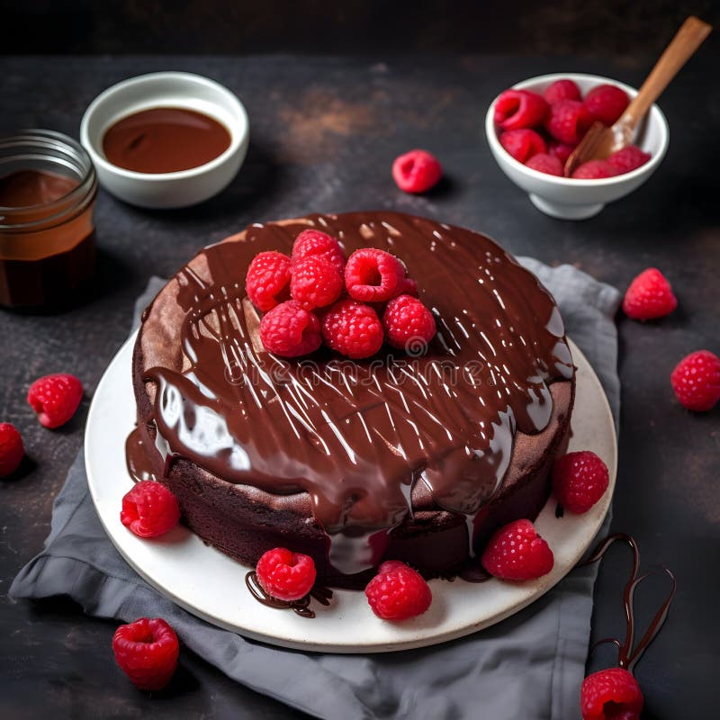 Chocolate Cake with Chocolate Topping and Raspberry Berry Stock ...