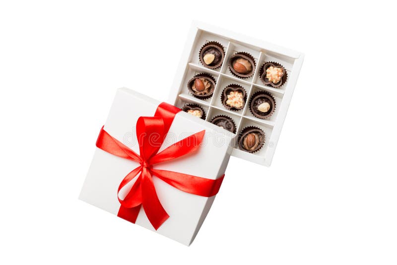 Chocolate Candy in a Box with a Colored Bow. Gift Box with Chocolates