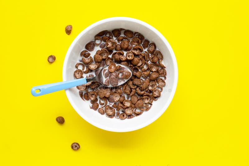 Chocolate Cereal with Milk on Yellow Background Stock Photo Image of