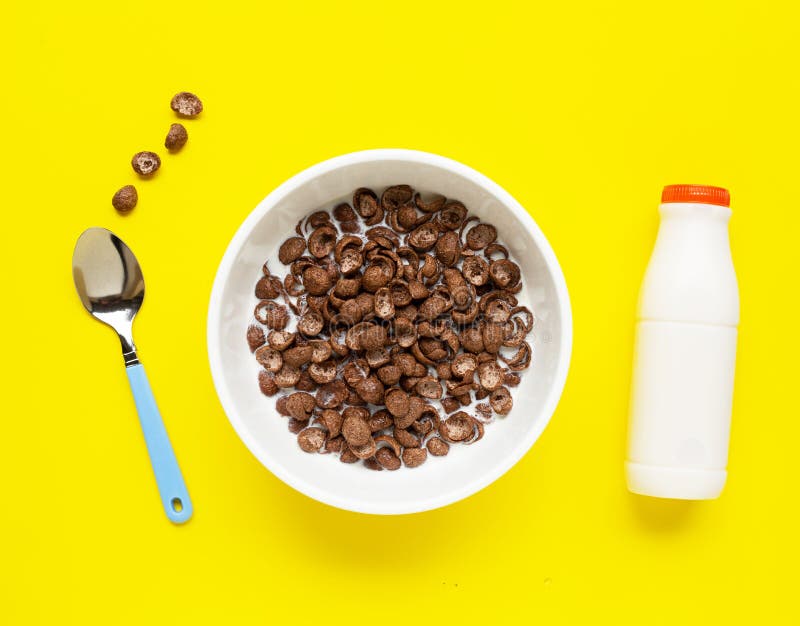 Chocolate Cereal with Milk on Yellow Background Stock Photo Image of