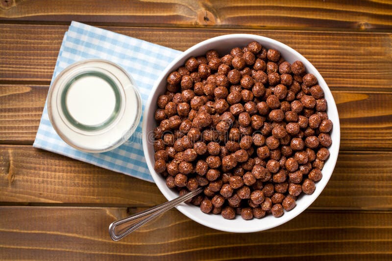 Chocolate Cereals in Bowl and Milk in Jar Stock Image Image of