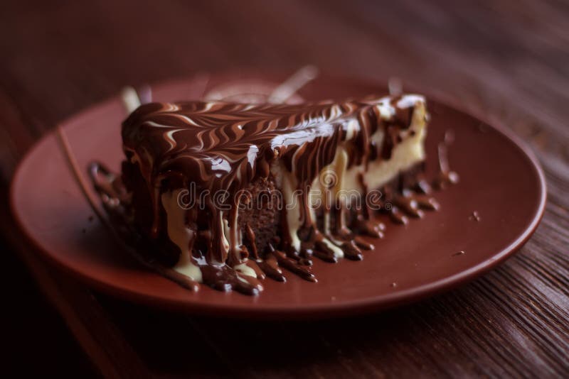 Chocolate cheesecake served on table