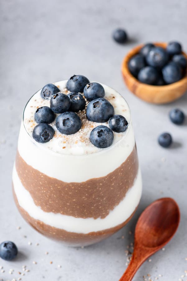 Chocolate chia pudding parfrait or layered chia pudding dessert royalty free stock image Chocolate chia pudding parfrait or layered chia pudding dessert royalty free stock image
