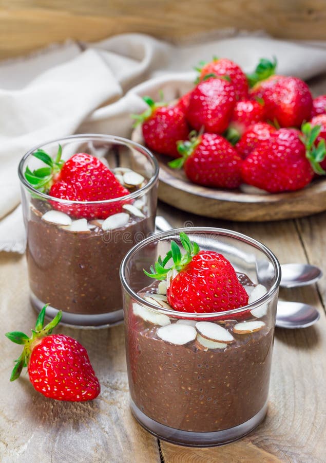 Chocolate Chia Seed Pudding with Almond Slices and Strawberry Stock